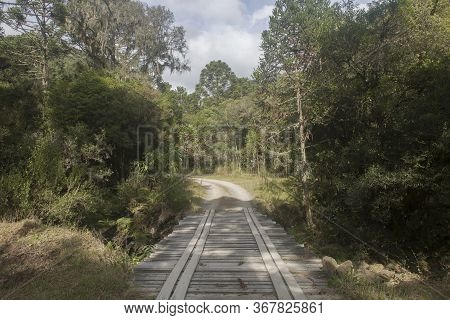 Wood Bridge In The Road That Leads To Avencal Waterfall Trail In Urubici, Santa Catarina, Brazil