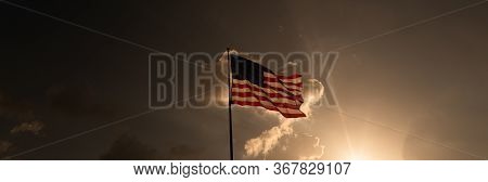 American Flag At Sunrise. Beautiful Background For Congratulations On Independence Day. Happy 4th Of