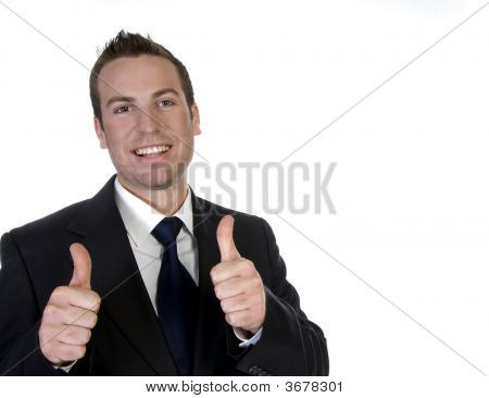 Happy Geschäftsmann mit seiner Hand Daumen hinauf