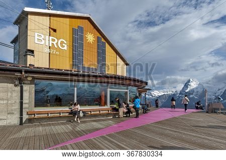 Lauterbrunnen, Switzerland - October 2019: Tourists Arriving At The Viewpoint Deck Located At Birg C