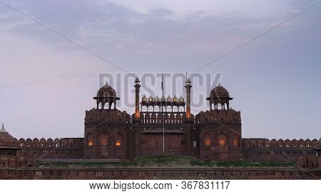 Wide Shot Of Red Fort At Dusk In Old Delhi
