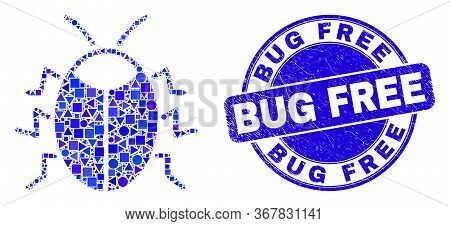 Geometric Bug Mosaic Icon And Bug Free Seal Stamp. Blue Vector Rounded Grunge Seal Stamp With Bug Fr