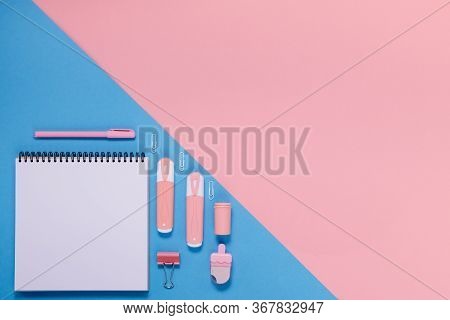Back To School Concept Notepad, Pencil Case, Stationery And School Supplies. Top Horizontal View Cop