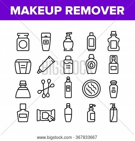 Makeup Remover Lotion Collection Icons Set Vector. Cosmetic Makeup Remover Cotton And Stick, Tube An