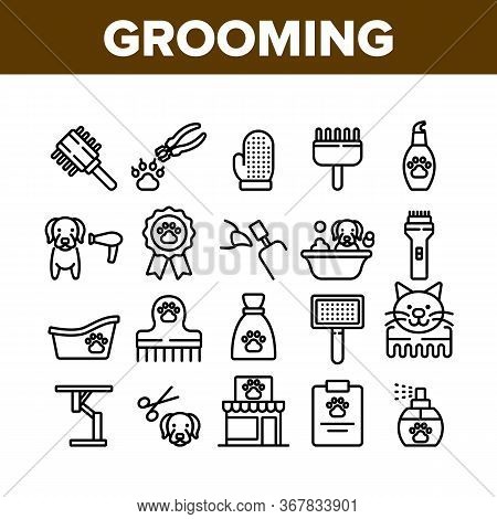 Grooming Animal Tool Collection Icons Set Vector. Equipment For Grooming Pet Claws And Wool, Washing