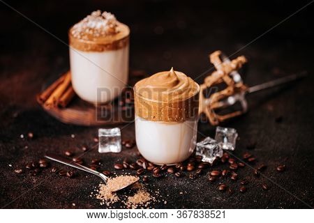 Still Life Of Creamy Corean Dalgona Coffee With Coffee Beans