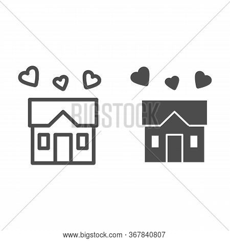 House Full Of Love Line And Solid Icon, Sweet Home Concept, Building With Hearts Sign On White Backg