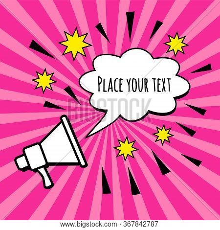 Megaphone Loud Hailer With Cloud Shape Speech Bubble And Place For Text, Banner With Loudspeaker And