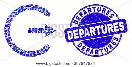 Geometric Log Out Mosaic Icon And Departures Stamp. Blue Vector Round Distress Watermark With Depart