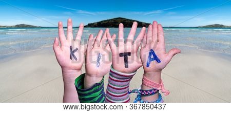 Children Hands Building Word Kita Means Kindergarden, Ocean Background