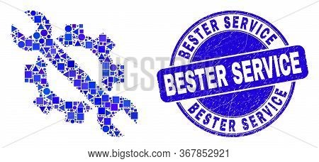 Geometric Options Tools Mosaic Icon And Bester Service Seal Stamp. Blue Vector Round Distress Seal W