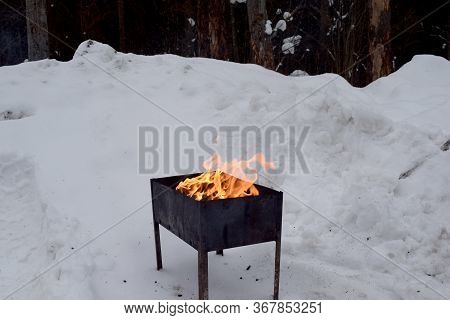 Coals Burning Wood And Bokeh Fire Ash Blaze Mangal Barbeque. Small Mangal With Flame In Forest In Wi