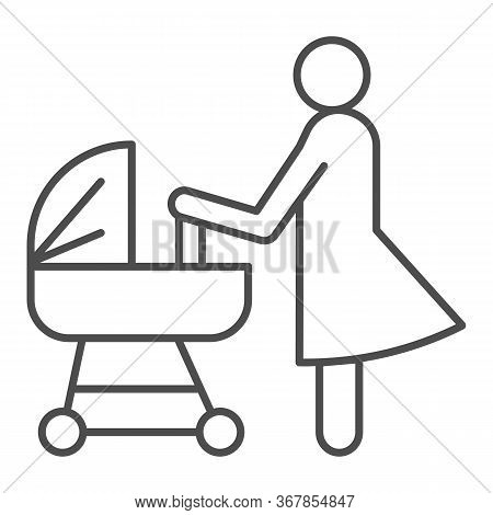 Mother With Pram Thin Line Icon, Motherhood Concept, Baby Carriage Sign On White Background, Mom Wit