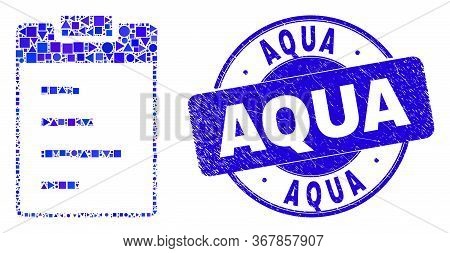 Geometric Text Pad Mosaic Pictogram And Aqua Seal. Blue Vector Round Distress Seal Stamp With Aqua P