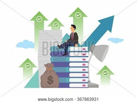 Businessman Surround With Books, Documents, Money And Upward Green Arrows. Concept Of Successful Bus