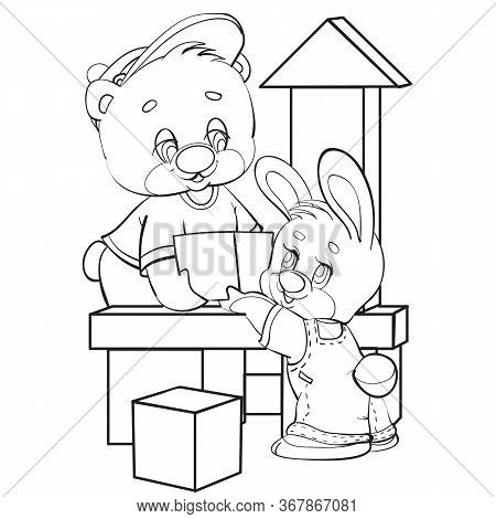 Sketch Of The Characters Of A Hare And A Bear Who Play And Build A Tower Of Large Cubes, Coloring, I
