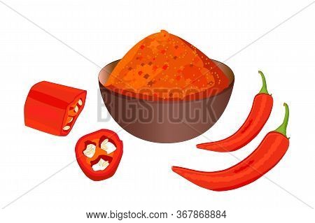 Cayenne Pepper Isolated On White Background. Red Hot Chili Pepper Pod And Bowl With Powder. Culinary
