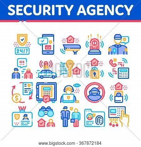 Security Agency Property Protect Icons Set Vector. Security Agency Service Video Monitoring Cctv And