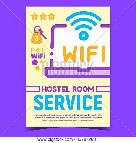 Wifi Hostel Room Service Creative Poster Vector. Laptop Computer With Internet Wirelless Signal Sign