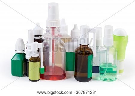 Various Bottles Of Different Antiseptics And Liquid Medicines In The Form Sprays, Drops And Mixtures