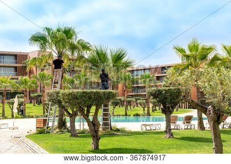 Portugal Albufeira 2020 May 08: Gardeners In The Hotel Salgados, To Maintain Cleanliness And Order, 