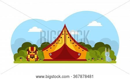 Summer Camping In Forest, Tent, Rabbit And Backpack On Beautiful Landscape, Hiking, Trekking On Natu