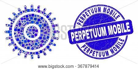 Geometric Cog Mosaic Icon And Perpetuum Mobile Seal Stamp. Blue Vector Rounded Grunge Seal Stamp Wit