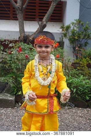 Cute Indian Kid Dressed Up As Little Lord Krishna On The Occasion Of Krishna Janmastami Festival, Au