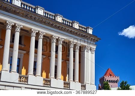 A Fragment Of A Classical Facade Of The Public Library Of Them. Raczynski In Poznan