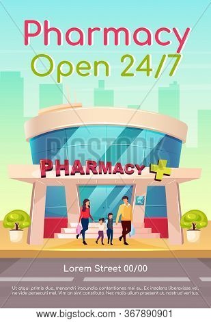 Pharmacy Open 24 7 Poster Flat Vector Template. Medicine And Healthcare. Medication Available Everyd