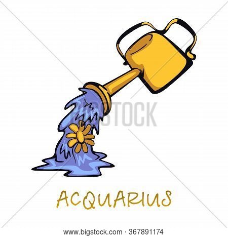 Aquarius Zodiac Sign Accessory Flat Cartoon Vector Illustration. Watering Can And Growing Flower Obj