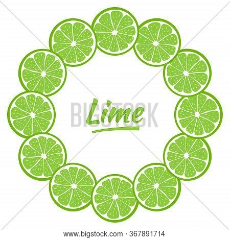 Round Frame With Sliced Pieces Of Lime. Bright Wreath Of Citrus Fruits. Decoration For Text. Stock V
