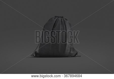 Blank Black Drawstring Backpack Mockup, Dark Background, 3d Rendering. Empty Linen Back Pack Or Pack