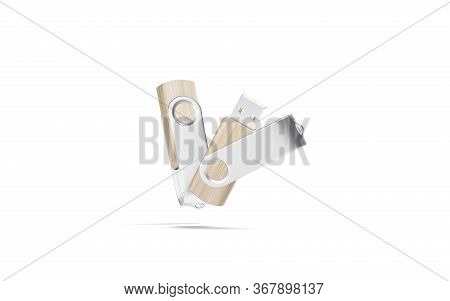 Blank Wood Opened And Closed Usb Stick Mockup, No Gravity, 3d Rendering. Empty Sporage Micro Netstic