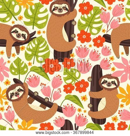 Seamless Background With Sloth On The Branch. Vector Illustration Of Leaves, Flowers And Cute Bear O