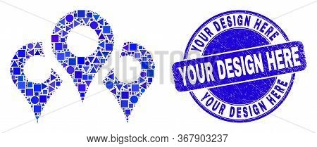 Geometric Map Markers Mosaic Icon And Your Design Here Seal Stamp. Blue Vector Round Scratched Seal 