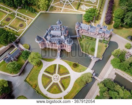 Public Garden At Old Historical Castle De Haar Netherlands Utrecht On A Bright Summer Day, Aerial Fr