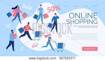Landing Page Design. Online Shopping Concept. People With Packages And Shopping. Men And Women Scurr