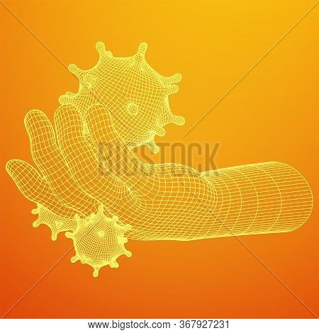Human Arm Hand With Corona Virus Virion Of Coronavirus. Connection Structure. Vector Low Poly Wirefr