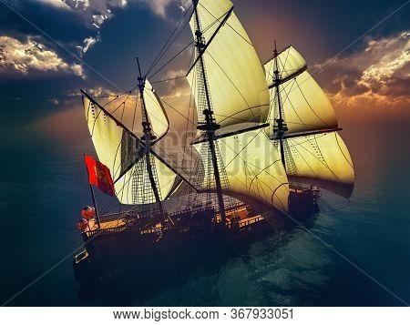 old ship in sea sunset 3d rendering