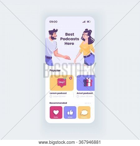 Best Podcasts App Smartphone Interface Vector Template. Audio Streaming Mobile App Page Light Design