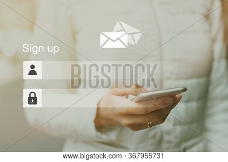 The Concept Of Authorization Sign Up In A System, Site, Email Or Social Network On The Background Of