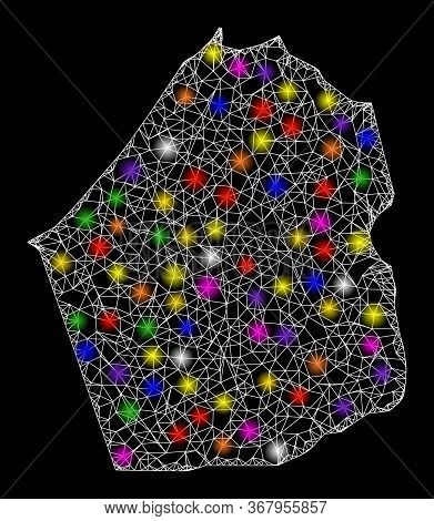 Web Mesh Vector Map Of Dubai Emirate With Glare Effect On A Black Background. Abstract Lines, Light 