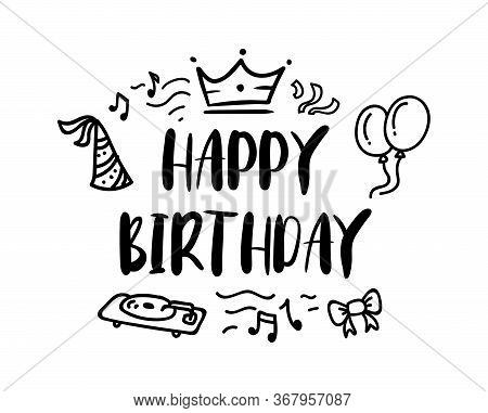 Happy Birthday. Handwritten Modern Brush Lettering Typography And Calligraphy Text With Bow, Balls, 