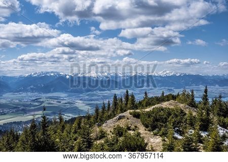 Low Tatras And Liptov Basin From West Tatras Mountains, Slovak Republic. Hiking Theme. Seasonal Natu