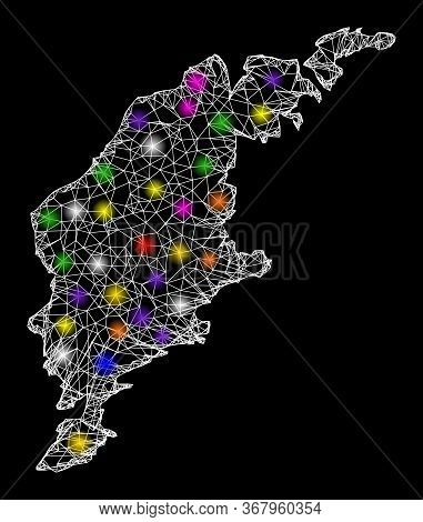 Web Mesh Vector Map Of Gotland Island With Glare Effect On A Black Background. Abstract Lines, Light