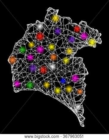 Web Mesh Vector Map Of Huelva Province With Glare Effect On A Black Background. Abstract Lines, Ligh