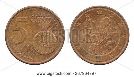 5 Euro Cents Coin Of The Federal Republic Of Germany Isolated On A White Background. 5 Leaves Oak Tr