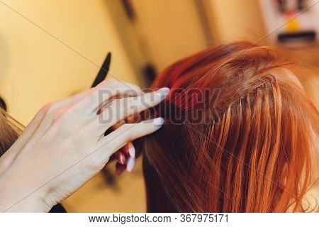 Hair Salon, Beauty Spa. Procedure Of Hair Extensions.