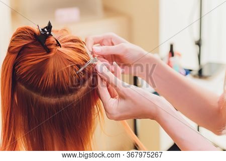 Hair Salon, Beauty Spa. Procedure Of Hair Extensions.